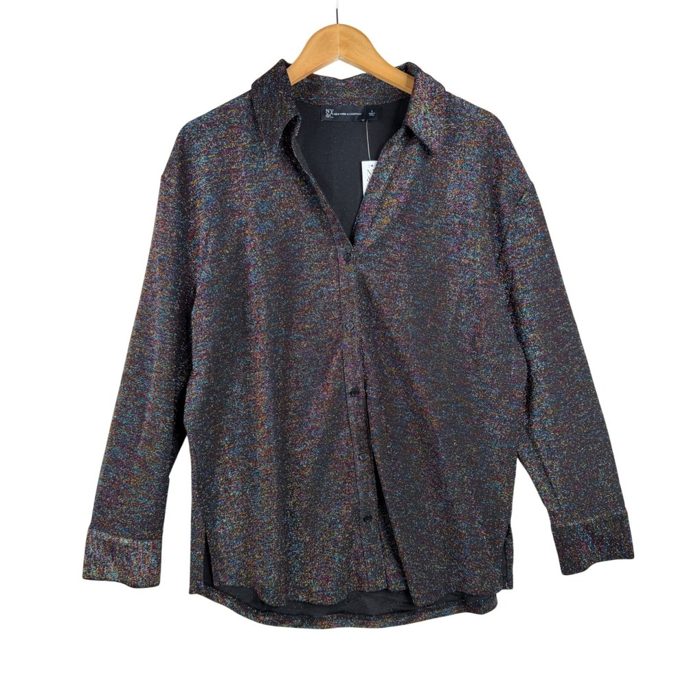 NWT New York & Co. Womens Metallic Lurex Button Down Shirt size Large Multicolor